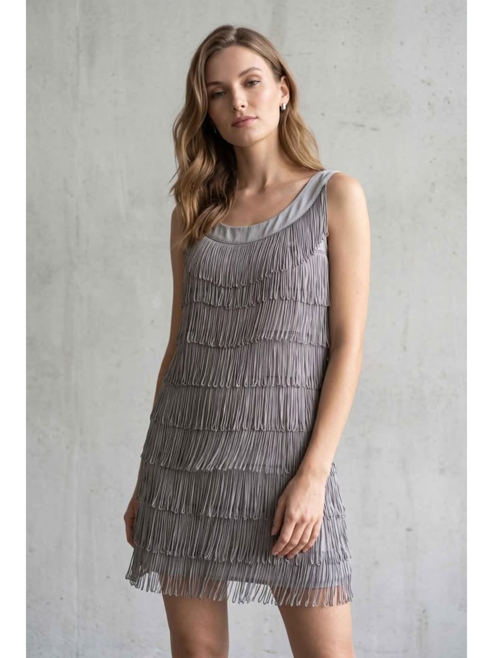 H&M Grey Tiered Fringe Sleeveless Top Boho Chic Flapper Gatsby Party Dress, SM